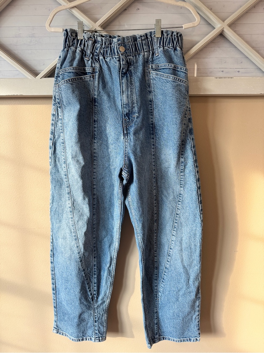 We The Free Jeans Womens Large Blue Denim High Rise Stretch Elastic Waist Mom